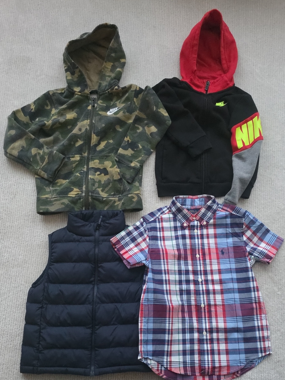 Size 6/7 Boys Clothing 4 Pieces. 2 Zip Up Hoodies, 1 Vest, 1 s/s Button Up